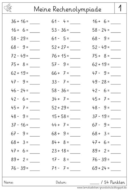 Plusaufgaben klasse 1 zum ausdrucken / rechenschlange matheratse fur kinder zum ausdrucken : hier eine Rechenolympiade für den Zahlenraum bis 100 mit ...