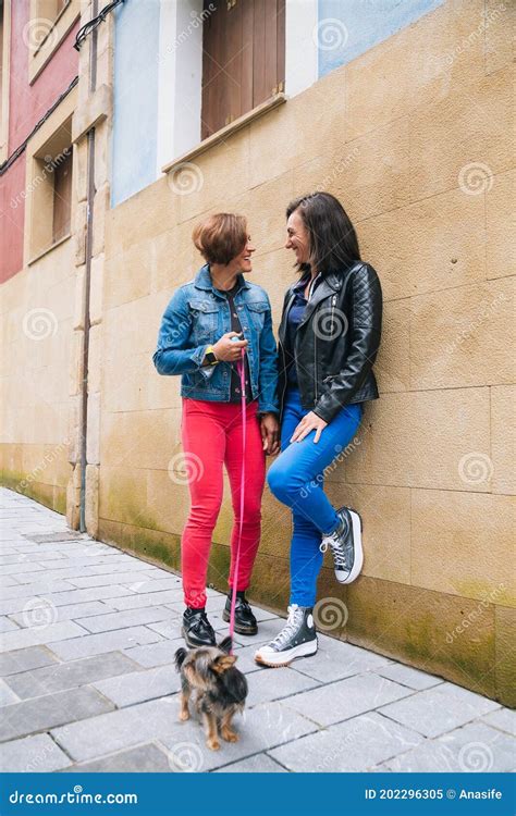 happy middle aged lesbian couple walking their yorkshire terrier stock image image of hands