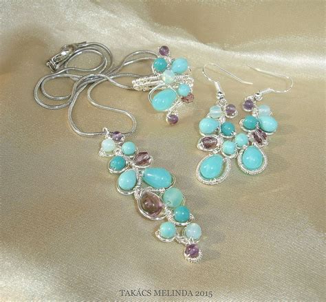 Turquoise Blue Amethist Purple Wire Wrapped Earrings Ring And