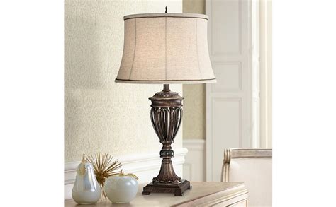 Traditional Table Lamp Bronze Open Urn Tan Drum Fabric Shade For Living