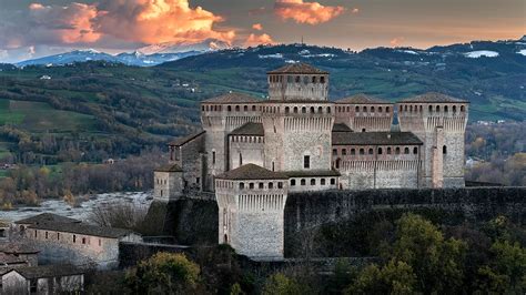 Torrechiara Castle At Twilight And The Cusna Mount Langhirano Emilia