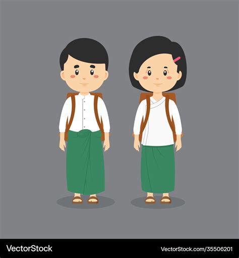 Couple Character Wearing Myanmar Student Uniform Vector Image