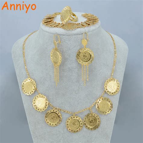 Anniyo Arab Metal Coin Jewelry Set Necklace Earrings Bracelet Ring Gold