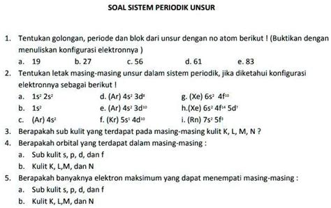 SOLVED Mohon Bantuannya Untuk Soal Di Atas SOAL SISTEM PERIODIK UNSUR