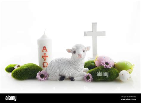 Easter Lamb Eggs And Cross On White Background Catholic Easter