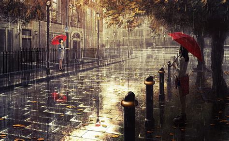 Hd Wallpaper Woman With Umbrella Walking On Street Painting St