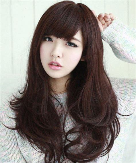 2018 Fashion Fluffy Neat Bang Long Wavy Ladylike Chestnut Brown Synthetic Wig For Women In Deep