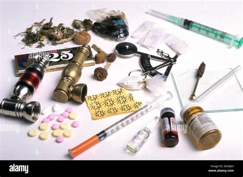 Illicit Drugs And Paraphernalia On Display Stock Photo Alamy