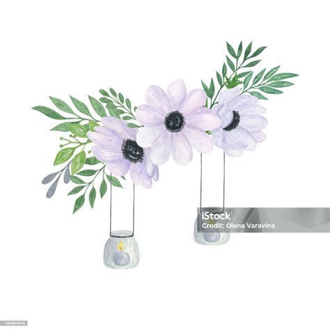 White Anemone Flower Candle Green Leaves Decorative Floral Arrangement