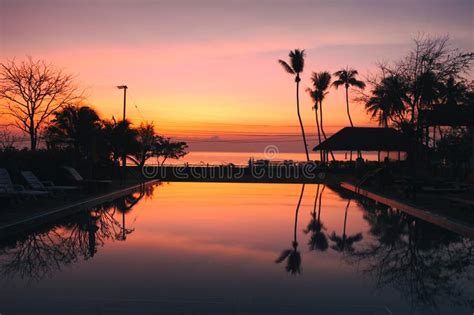 Beautiful Sunrise With Silhouette Coconut Palm Tree And Swimming Pool