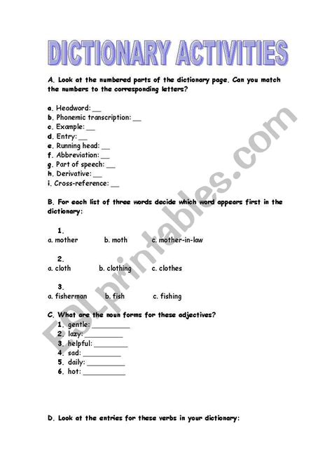 Dictionary Activities Esl Worksheet By Vianetta