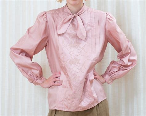 80s Pink Silk Blouse Pussy Bow Tie Puff Sleeve Eyelet Embroidered