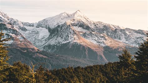 Download Wallpaper 3840x2160 Mountains Forest Landscape Peaks Snowy