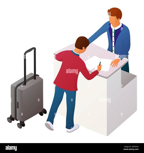 Vector Illustrationtwo People Interacting Near The Reception Desk Or Check Inconcept Of