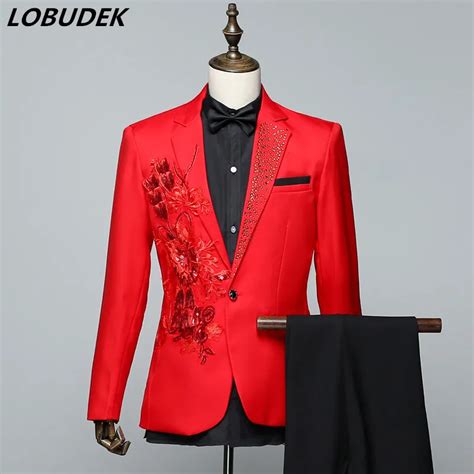 Sparkly Crystals Mens Suits Red White Sequins Applique Blazers Coat