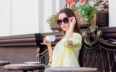 Breakfast Time In Cafe Girl Enjoy Morning Coffee Waiting For Date Woman In Sunglasses Drink