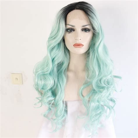 Long Wavy Dark Roots Mint Green Ombre Synthetic Lace Front Wigs