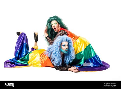 Cheerful Drag Queens Dancing Over White Background Stock Photo Alamy