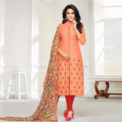 Buy Majesty Peach Colored Casual Embroidered Chanderi Silk Suit For