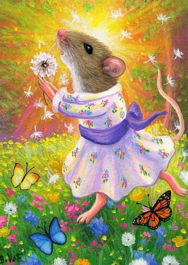Mouse Mice Dandelions Butterfly Flowers Fantasy Original Aceo Painting
