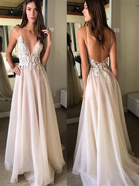 Custom Made A Line V Neck Backless Lace Ivory Prom Dress Backless For
