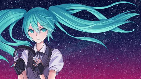 Hatsune Miku Headphones Blue Hair Vocaloid Starry Sky 1080p