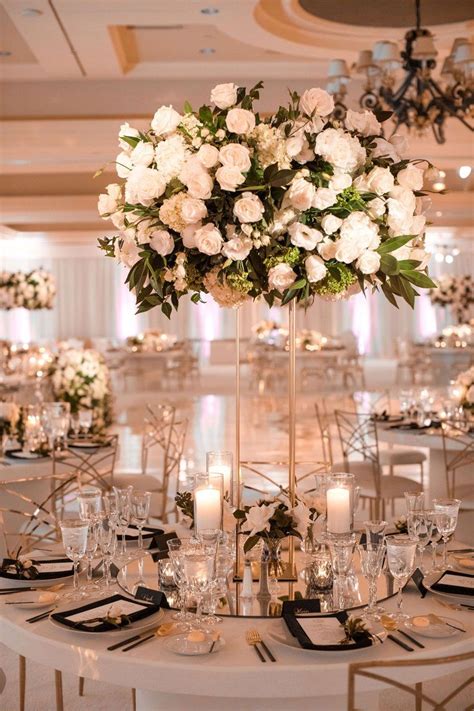 Tall White Rose Centerpiece On Gold Stand White Roses Wedding Rose