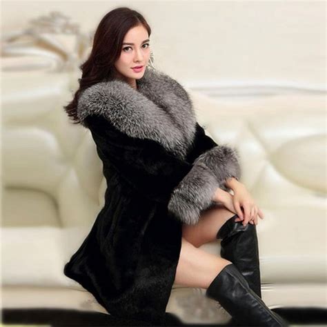 2017 New Artificial Mink Fur Coat With Luxury Faux Fox Fur Collar