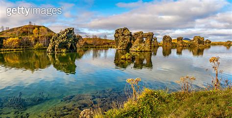 Amazing Sunny Day On Lake Myvatn Iceland Europe Volcanic Rock