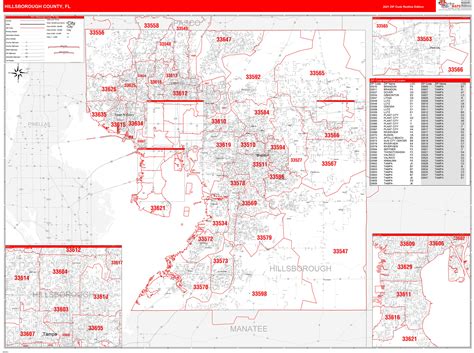 Hillsborough County, FL Zip Code Wall Map Red Line Style by MarketMAPS