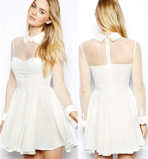 Sheer Mesh Long Sleeves White Skater Dress On Luulla