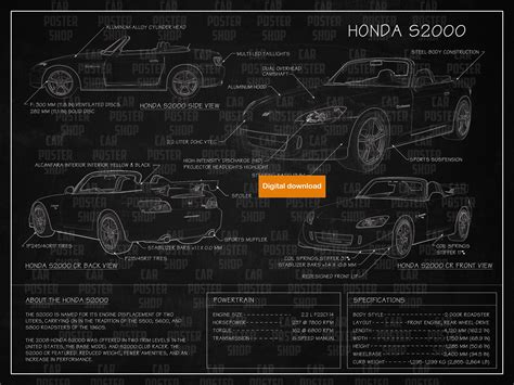 Honda S2000 Blueprint Poster Wall Art T For Boyfriend Etsy