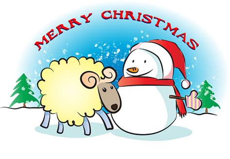 Vector Cartoon Merry Christmas Day Sheep And Snowman Stock Illustration