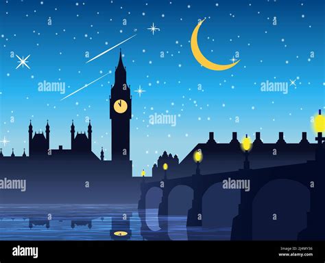 Big Ben Clock Famous Landmark Of England London Night Scene Silhouette Style Vector Illustration