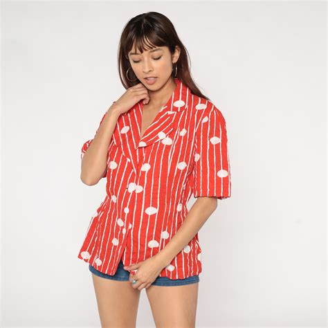 S Blouse Red White Striped Polka Dot Button Up Shirt Short Sleeve Top