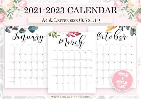 Wall Calendar Printable 2021 2022 2023 Wall Calendar Etsy France