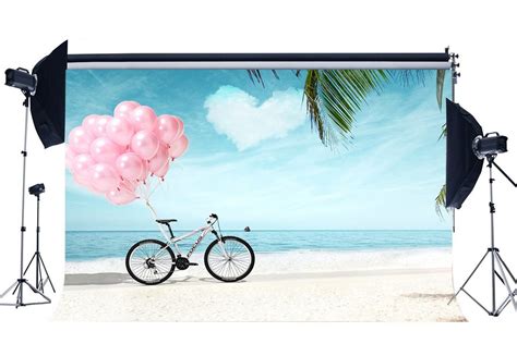 Seaside Sand Beach Backdrop Pink Balloons With Bicyale Coconut Tree