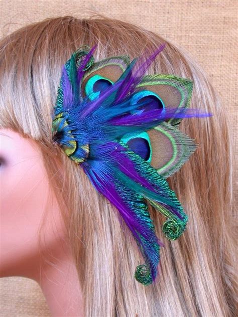 peacock hair piece peacock feather hair piece with great colors purple by wildspirits