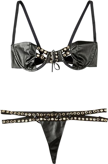 Allure Lingerie Womens Faux Leather Bra And G String Set
