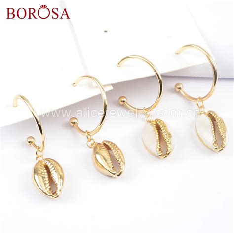 Borosa Pairs Full Gold Color Gold Color Trim Cowrie Shell With Round R