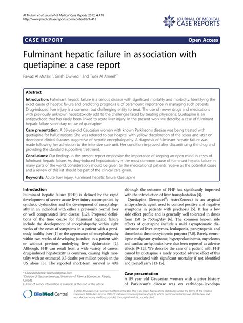 Pdf Fulminant Hepatic Failure In Association With Quetiapine A Case