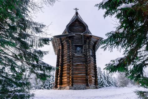 Old Wooden Church In The Winter Forest Stock Image Image Of Spruce