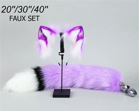 Light Purple White Fox Tail Plug And Ear Set Fox Ear Wolf Tail Butt