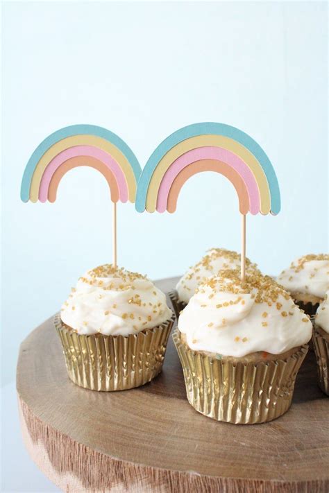 Boho Rainbow Cupcake Toppers Set Of 12 Rainbow Clouds Etsy Rainbow