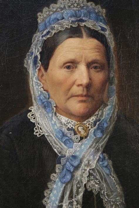 19th century american portrait of a woman in a lace bonnet with a blue ribbon inventory