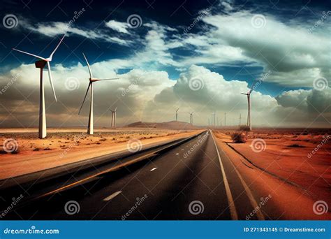 Huge Windmills Stand Along The Road Among The Fields Ai Generated