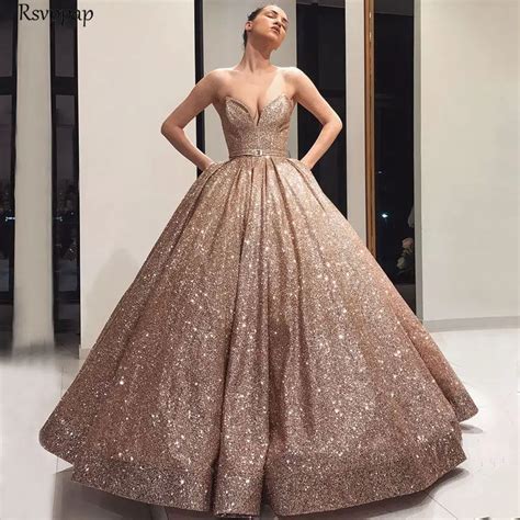 Long Sparkly Evening Dress 2021 Glitter Puffy Ball Gown Rose Gold Saudi Arabia Formal Women
