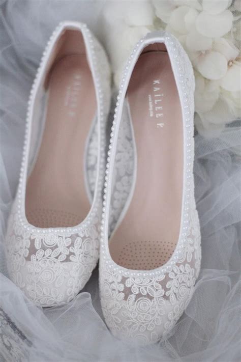 White Lace Round Toe Flats With Mini Pearls Women Wedding Etsy In