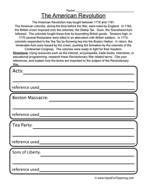 Free American Revolution Worksheets