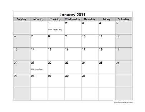 2019 Monthly Calendar With Us Holidays Free Printable Templates